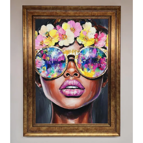 Floral Woman With Glasses and Pink Lips Framed Print - B0 (100 x 141 cm) / Bronze - Framed Print