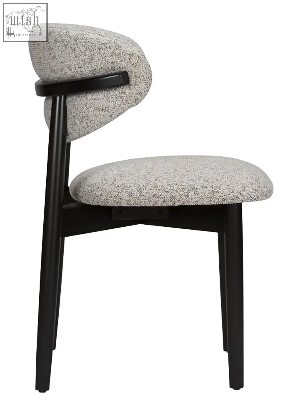 Florence dining chair with sleek black frame and textured gray fabric seat made from solid beech wood