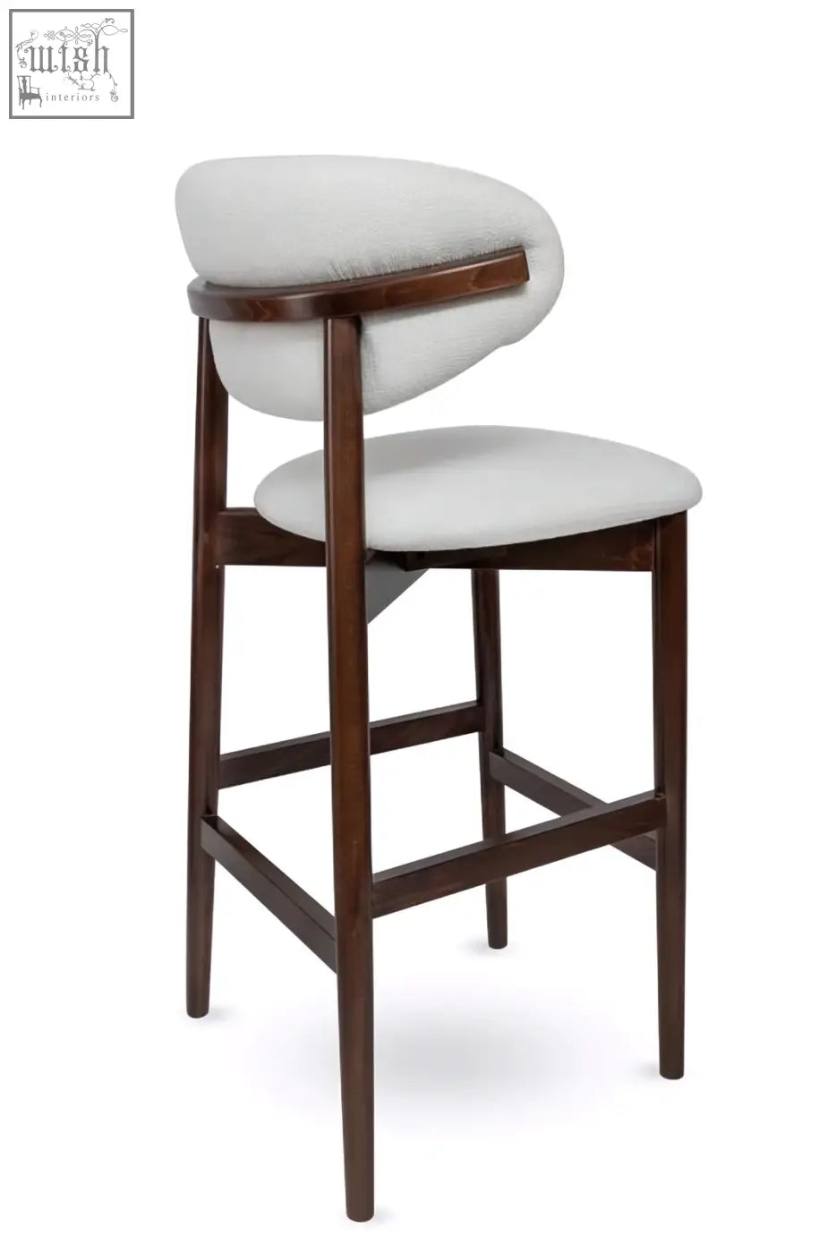 Florence high stool with a sleek solid beech frame and light gray upholstered seat made of high density foam