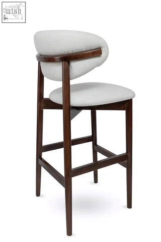 Florence high stool with a sleek solid beech frame and light gray upholstered seat made of high density foam
