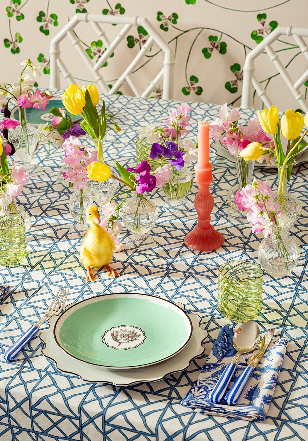 Mint green plate with delicate floral emblem paired with florence pillar candle rose set of 2 26cm