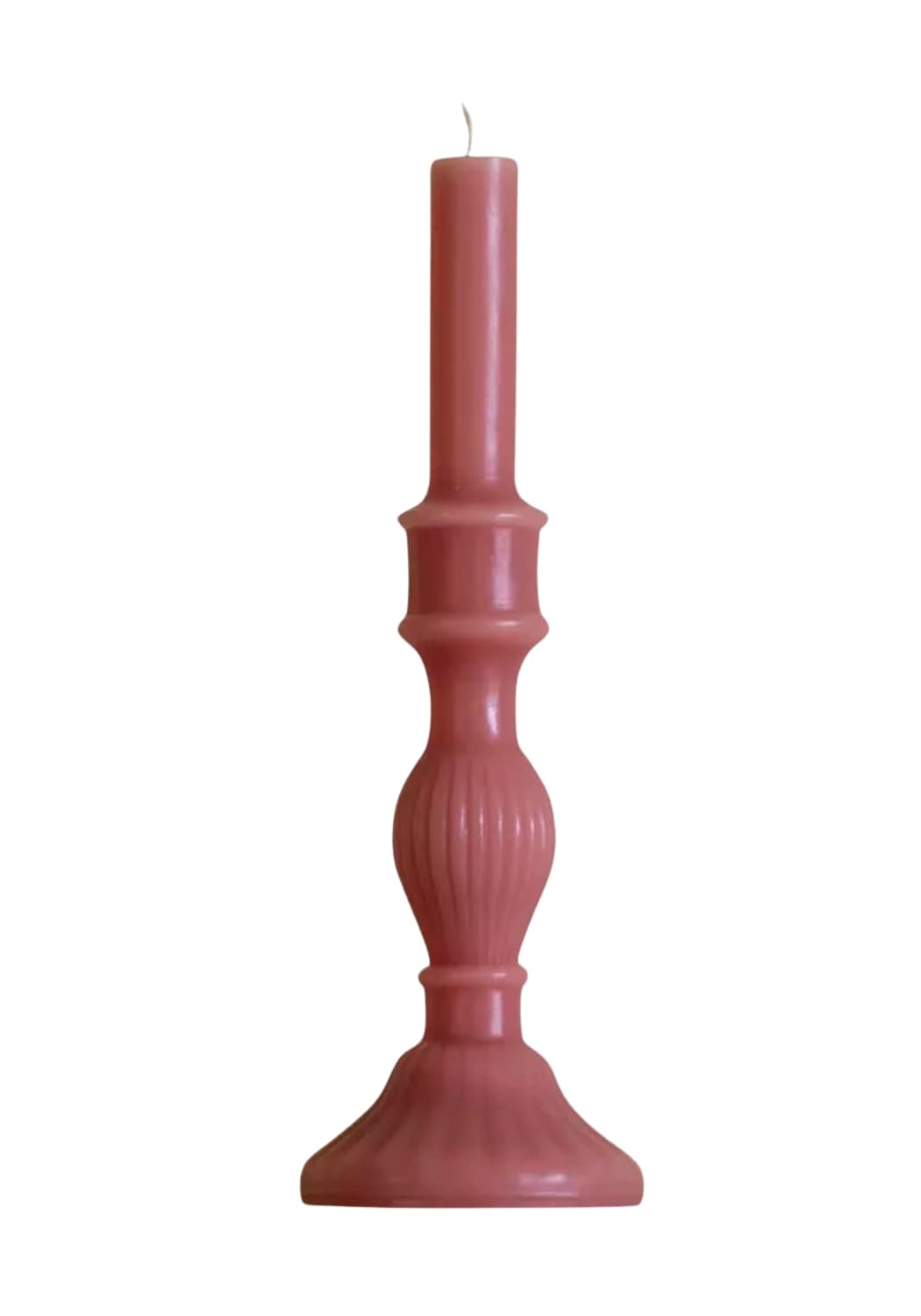 A tall slender pink florence pillar candle with ribbed design and smooth wax surface in rose set of 2