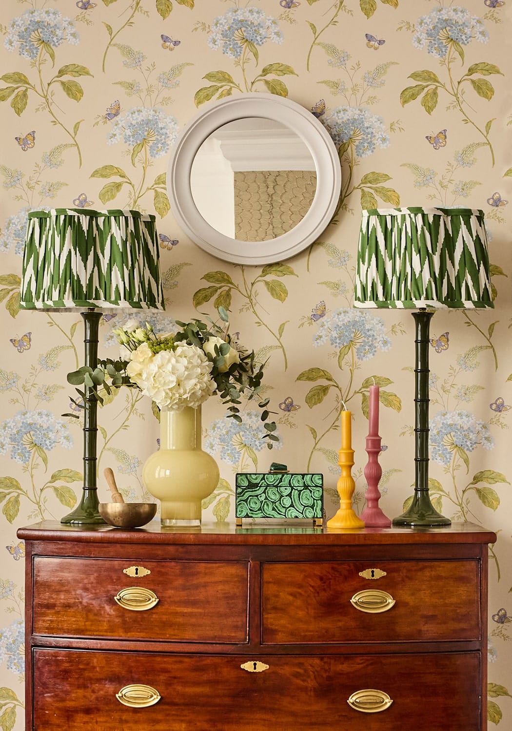 Green and white zigzag lampshades on dark green bamboo-style bases for florence pillar candle 32cm rose set of 2