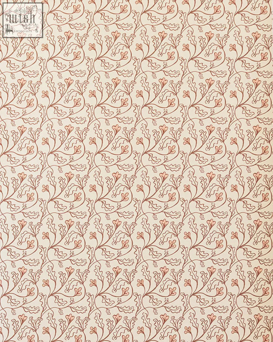 Beige florence wallpaper shell with a small repeat pattern of delicate rust-colored botanical vines and leaves