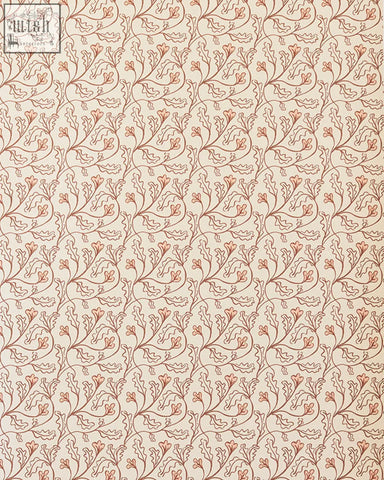 Beige florence wallpaper shell with a small repeat pattern of delicate rust-colored botanical vines and leaves