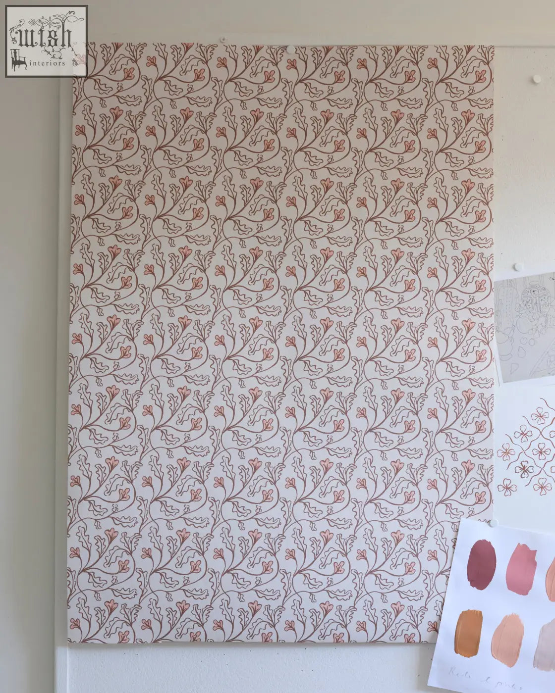 A rectangular sample of florence wallpaper shell with a small repeat coral-like pattern in muted rose and gray tones