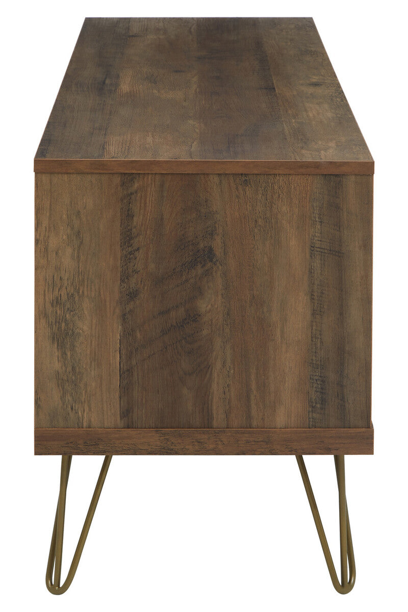 Dark brown wooden flori media unit with slender gold toned hairpin legs perfect for stylish storage