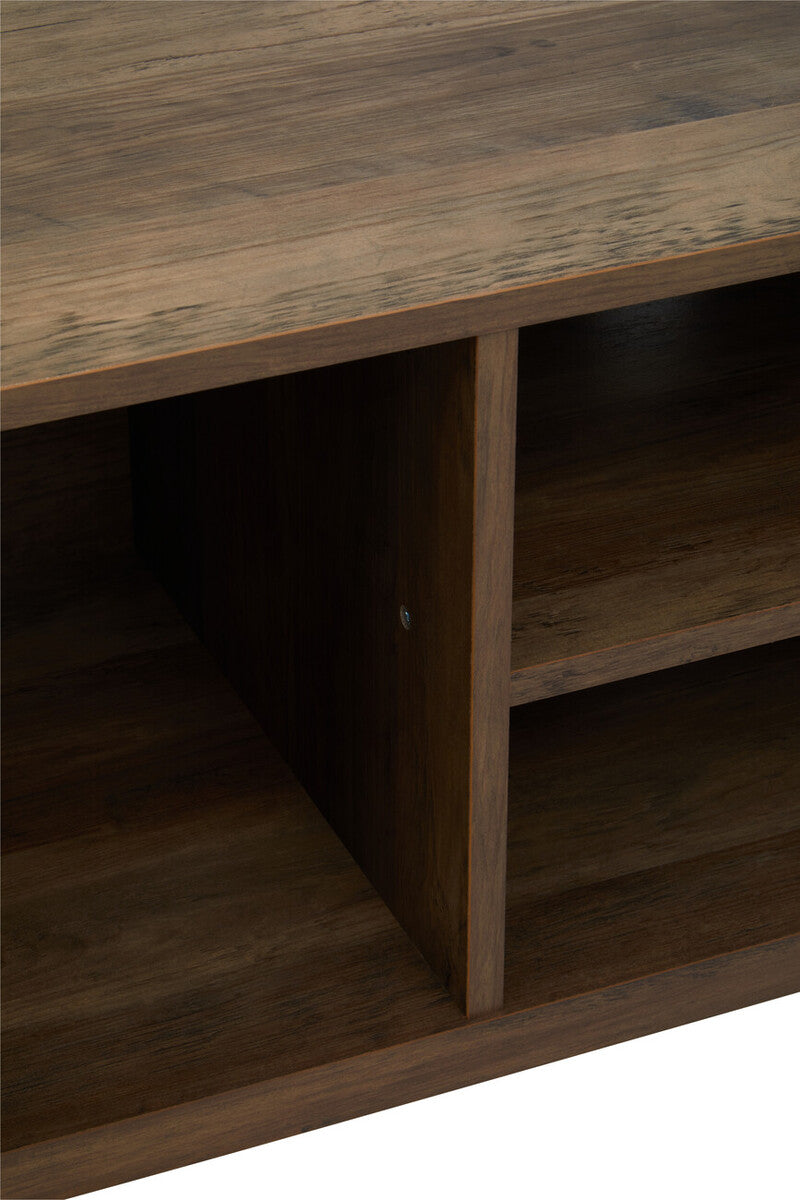 Dark brown wooden media unit with rustic textured finish and open shelving perfect for organizing media gear