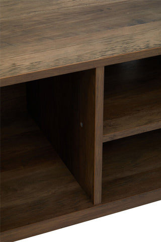 Dark brown wooden media unit with rustic textured finish and open shelving perfect for organizing media gear