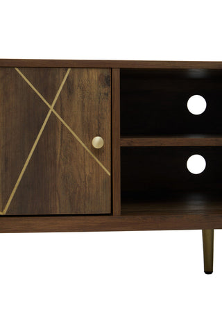 Dark wood flori media unit with geometric gold inlay and round brass knob media unit for stylish storage