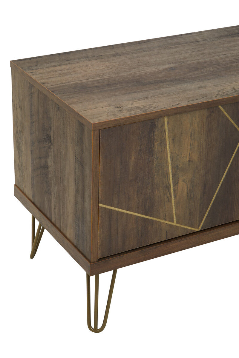 Dark wood flori media unit with geometric gold inlay and slender metal hairpin legs for stylish storage
