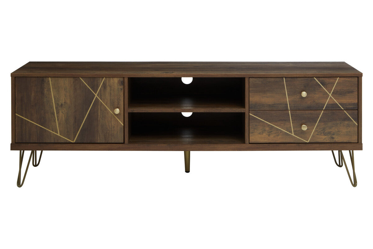 Dark wood media unit with geometric gold inlay patterns and hairpin legs for stylish living room storage