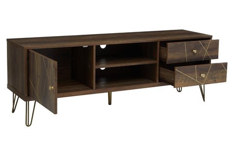 Dark wood flori media unit with geometric inlay patterns and stylish hairpin legs for modern living spaces