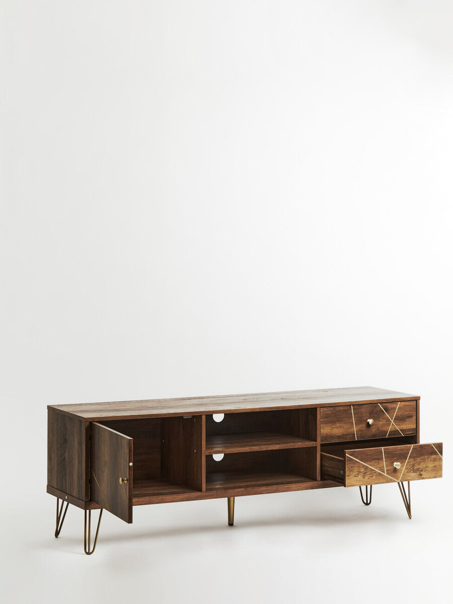 Dark wood media unit with geometric inlay patterns and hairpin legs perfect for stylish living rooms