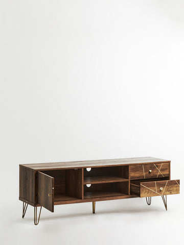 Dark wood media unit with geometric inlay patterns and hairpin legs perfect for stylish living rooms