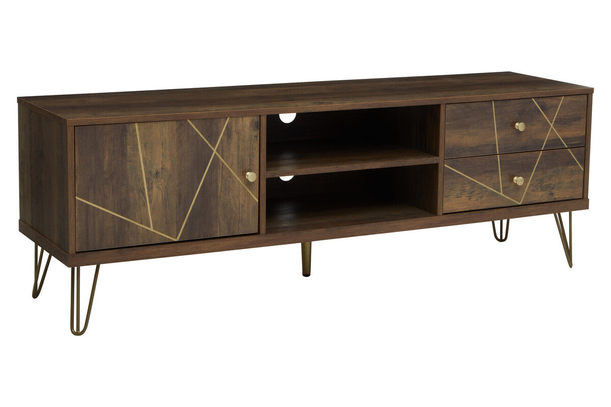Dark wood flori media unit with geometric gold inlay patterns and sleek hairpin legs for stylish storage