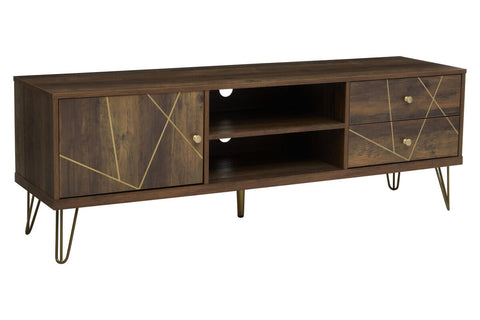 Dark wood flori media unit with geometric gold inlay patterns and sleek hairpin legs for stylish storage