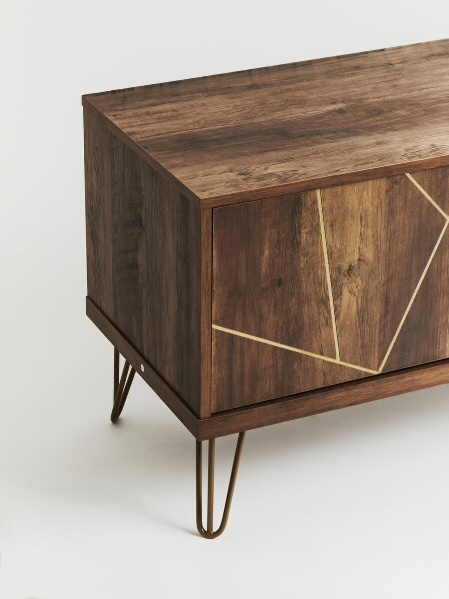 Dark wood media unit with geometric gold inlay and black hairpin legs perfect for modern living rooms