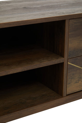 Flori media unit is a dark wood media unit with a textured surface and two drawers on the right side