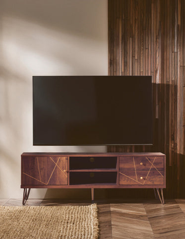 Dark wood flori media unit with geometric inlay patterns and gold-toned hardware for stylish storage