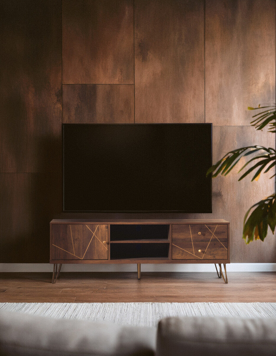 Dark wood flori media unit with geometric inlay patterns and gold toned hardware for stylish storage
