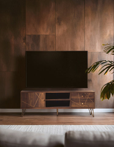 Dark wood flori media unit with geometric inlay patterns and gold toned hardware for stylish storage