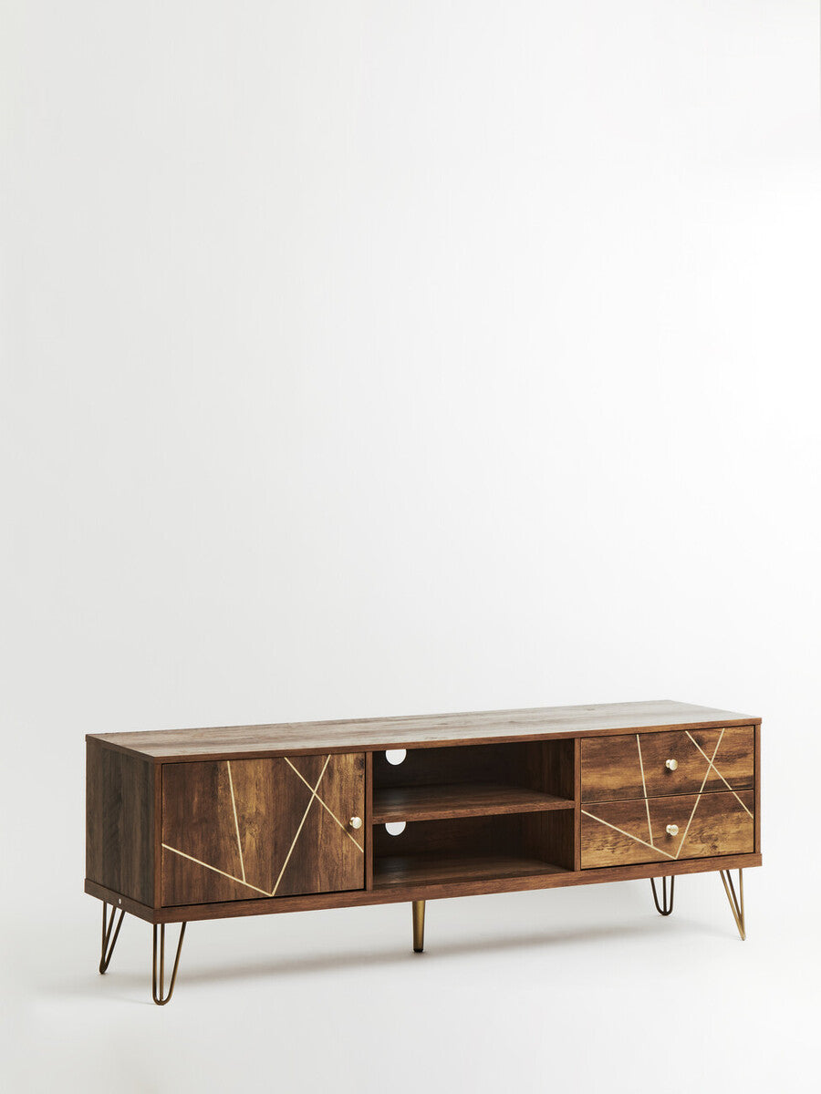 Modern dark wood flori media unit with geometric gold inlay patterns and stylish hairpin legs for living room use