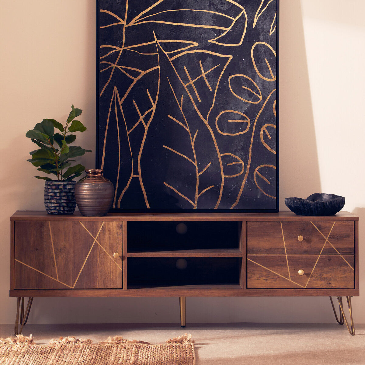 Modern wooden media unit with geometric gold accents and hairpin legs perfect for stylish storage