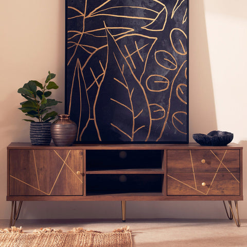 Modern wooden media unit with geometric gold accents and hairpin legs perfect for stylish storage