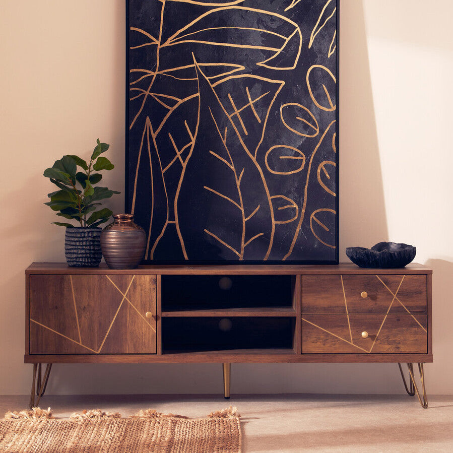 Modern wooden flori media unit with geometric gold inlay and slender metal hairpin legs for stylish storage
