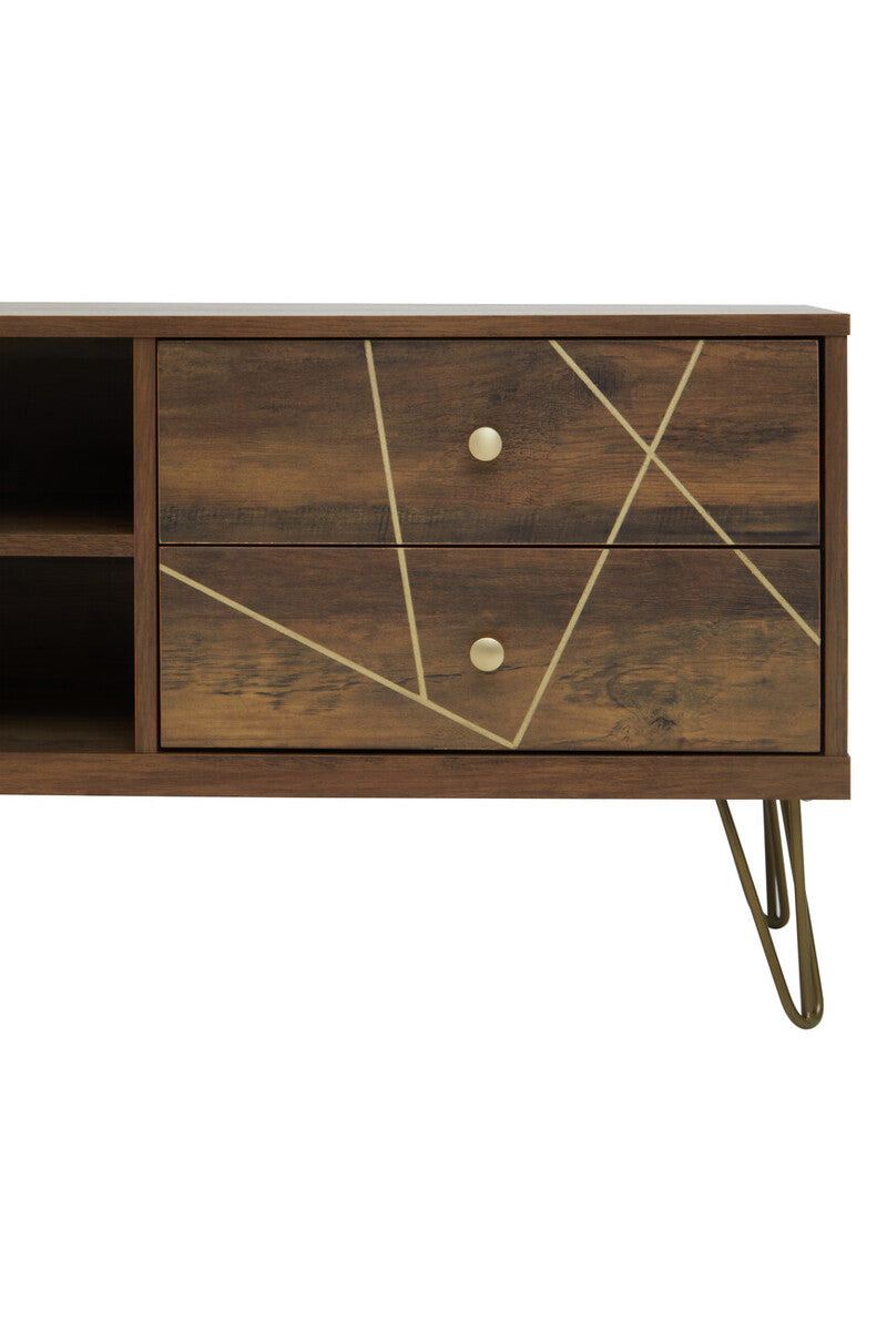 Modern wooden flori media unit with two drawers gold geometric inlay white knobs and slender hairpin legs