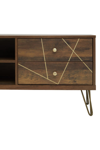 Modern wooden flori media unit with two drawers gold geometric inlay white knobs and slender hairpin legs