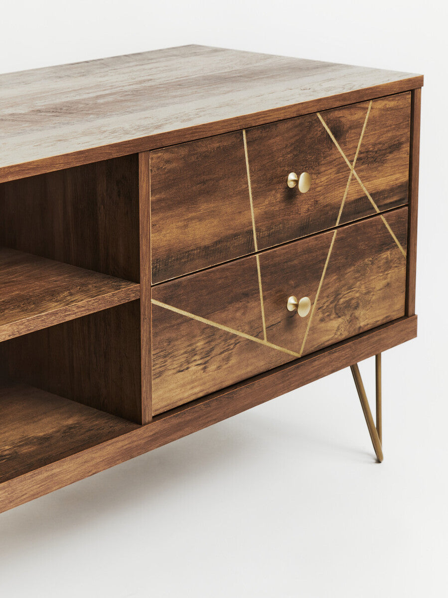 Modern wooden flori media unit with geometric gold inlay and brass legs perfect for stylish storage