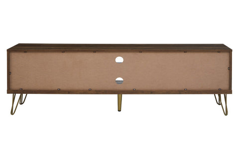 Modern wooden flori media unit with warm brown finish, sleek hairpin legs, and two circular cutouts on back panel