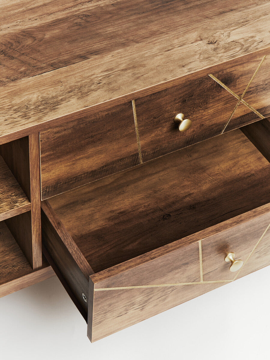Rustic wooden flori media unit with two drawers featuring brass knobs and geometric gold inlay detailing
