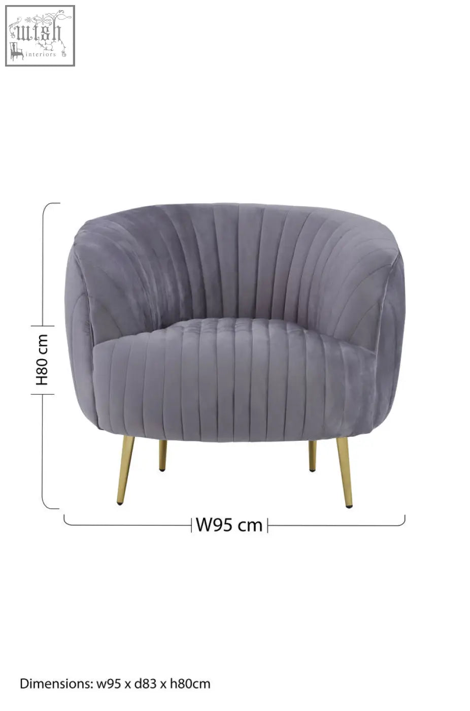 A plush florina grey velvet chair with vertical pleats and slender gold legs perfect for stylish seating