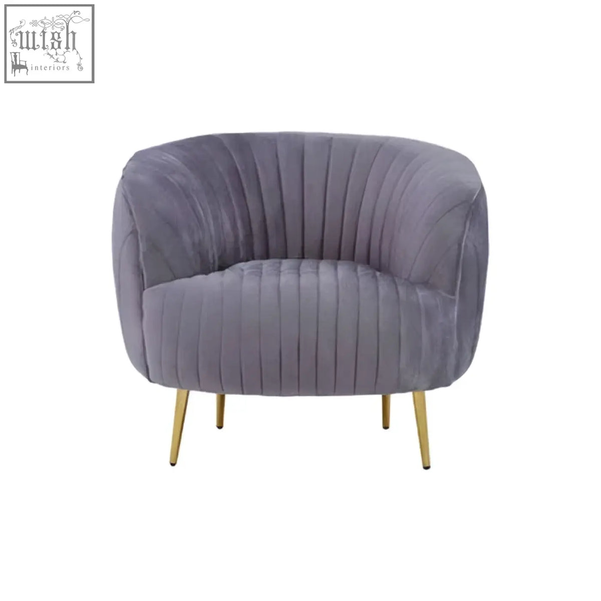 Florina grey velvet chair with gold legs featuring plush lavender velvet and vertical ribbed detailing