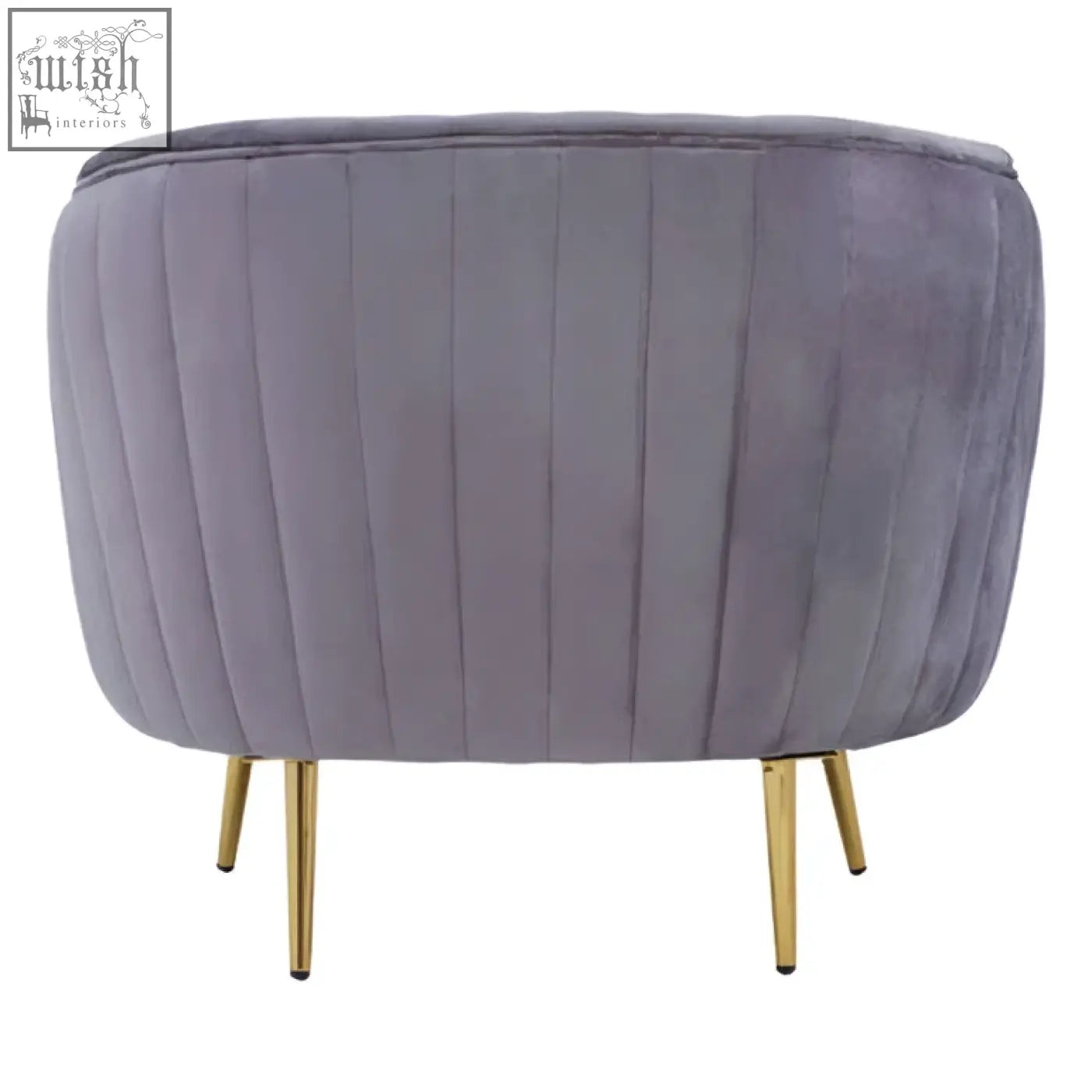 A plush florina grey velvet chair with vertical pleats and slender gold legs perfect for stylish seating