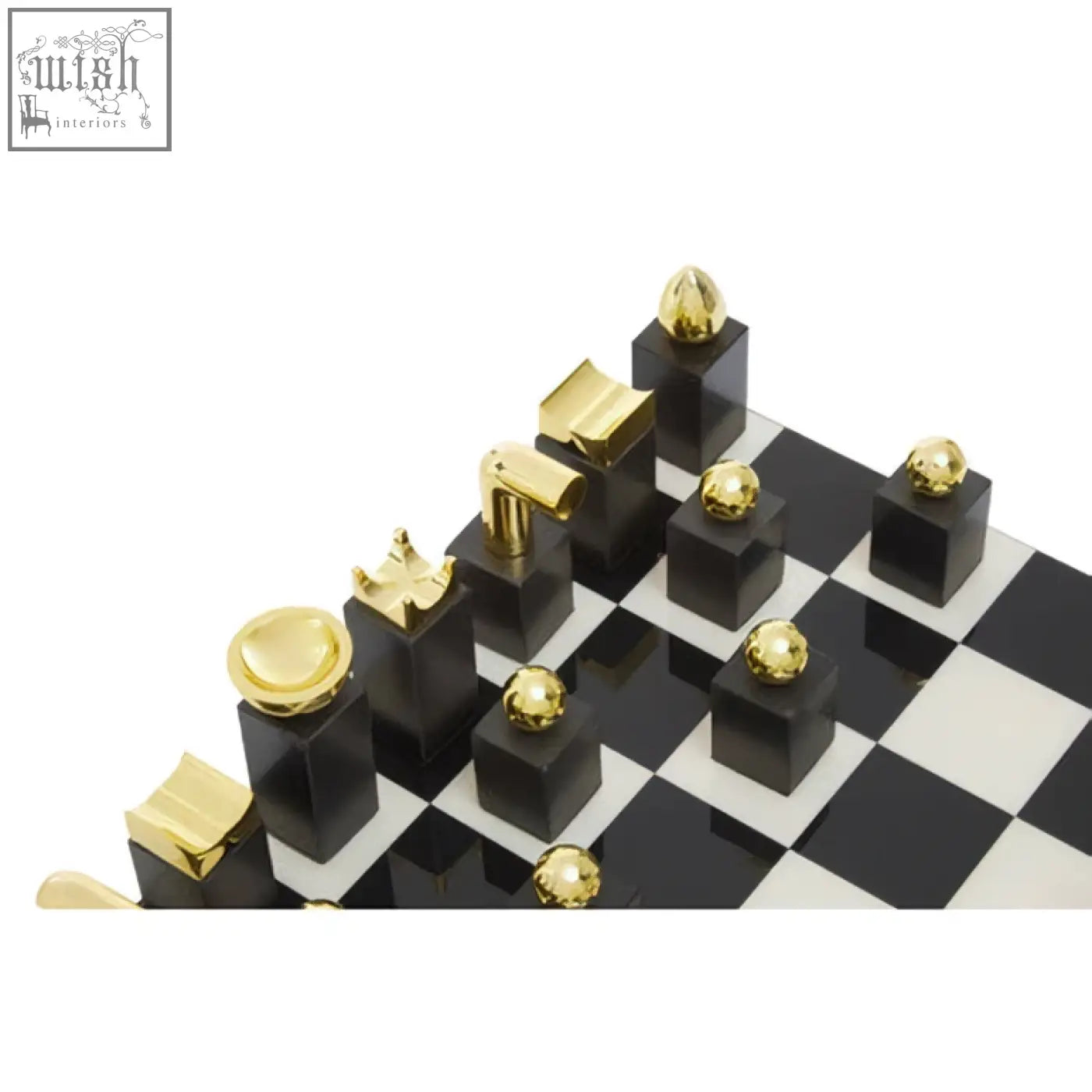 Black and gold flos marble and wood chess set with glossy cube-shaped pieces featuring metallic golden tops