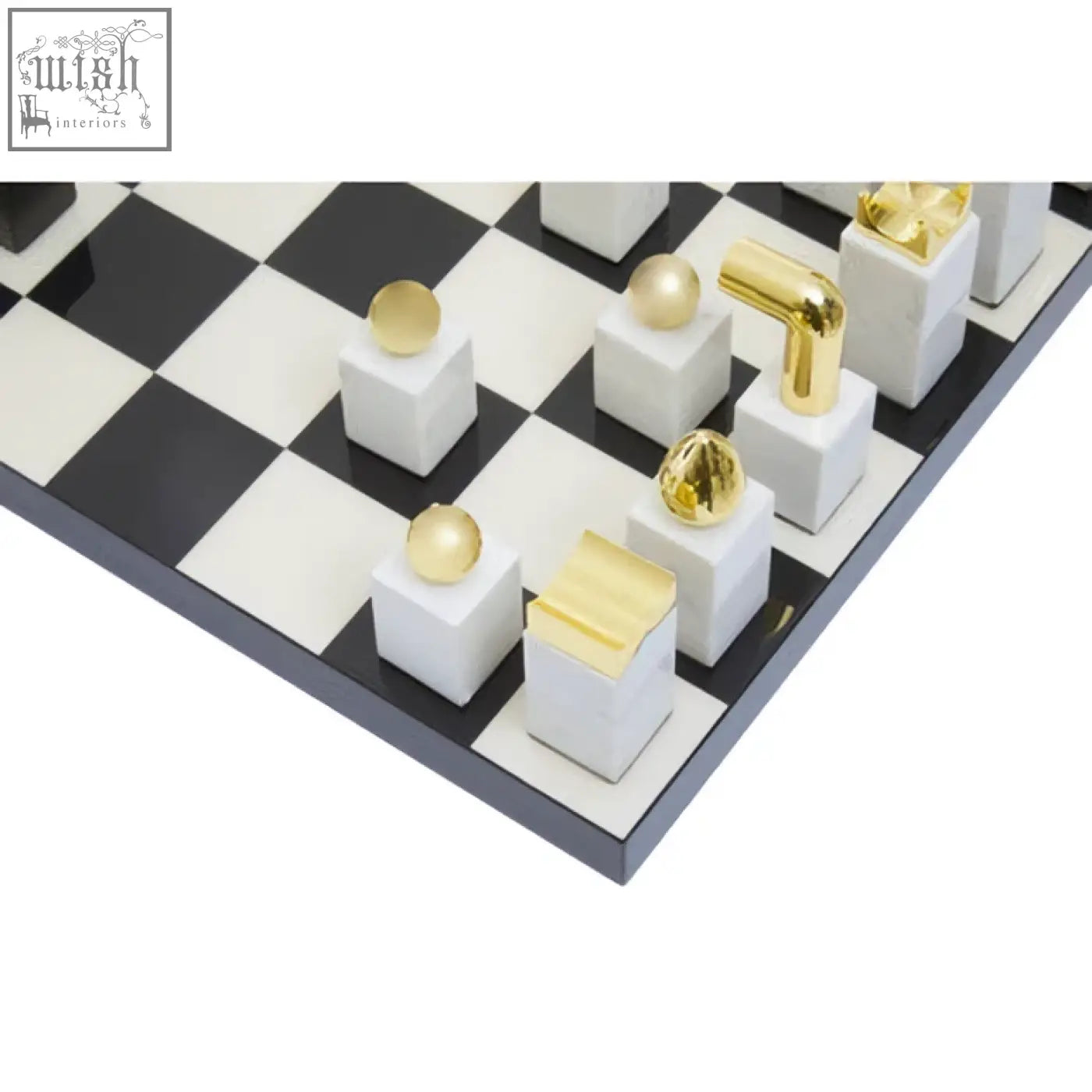 Black and white checkered flos marble and wood chess set with gold-toned modernist wood chess pieces on square bases