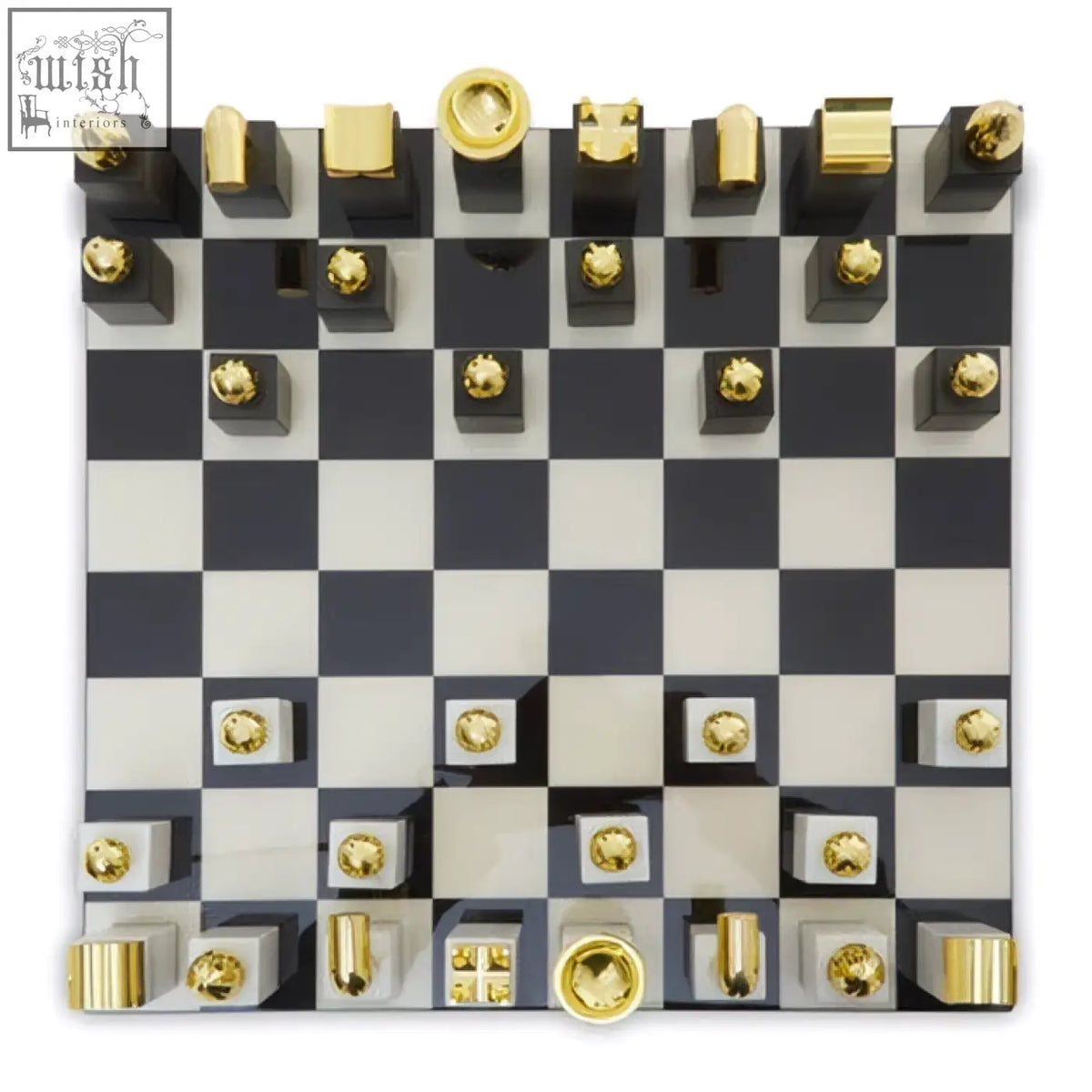 Black and white checkered flos marble and wood chess set with gold topped wood chess pieces for stylish play