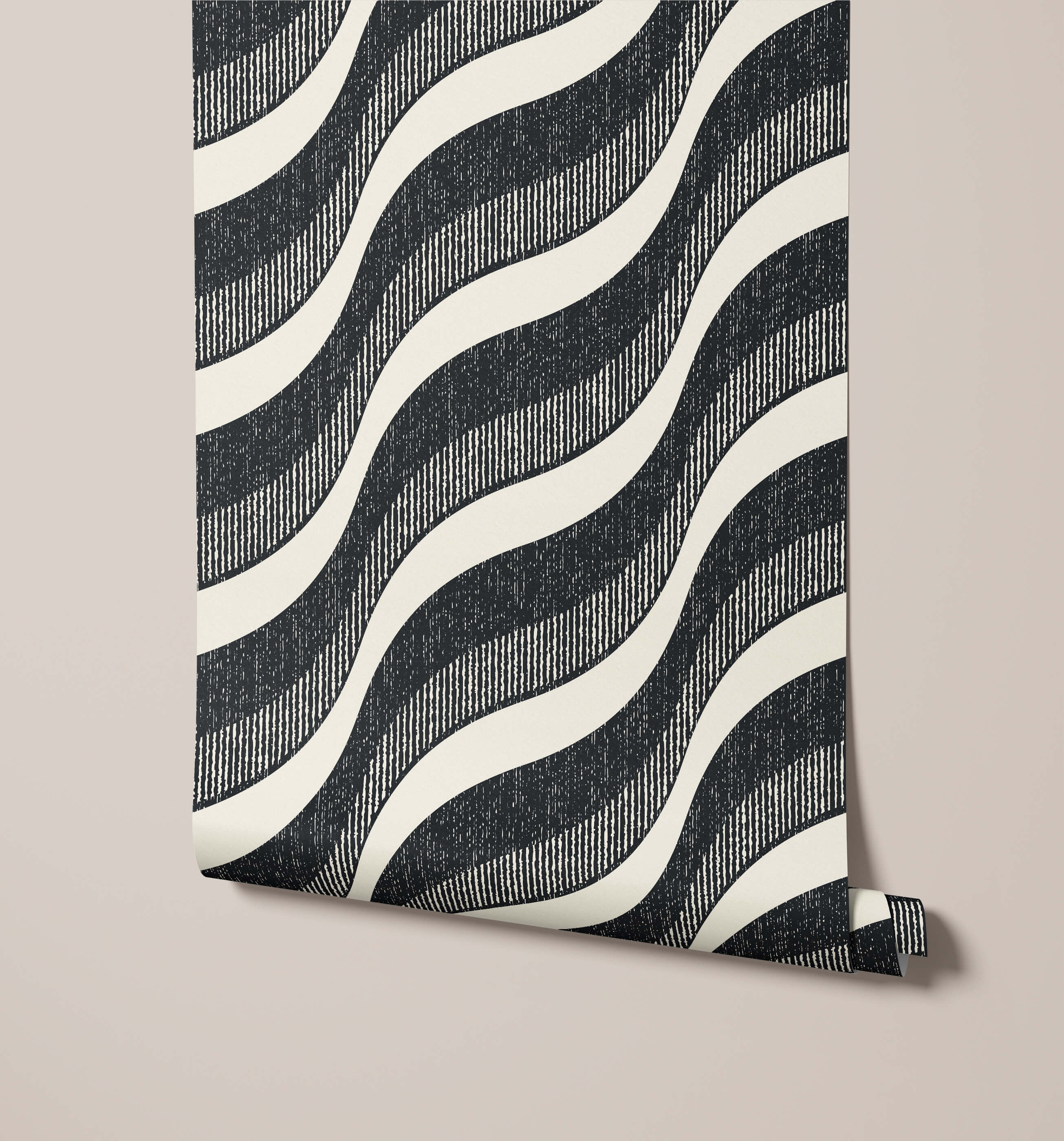 Black and white wavy striped wallpaper flow with a textured fabric-like finish perfect for stylish interiors