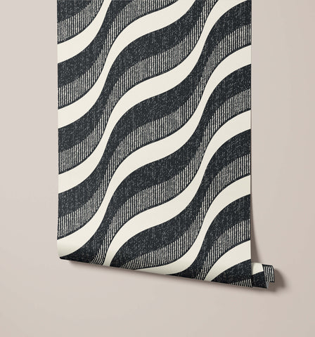 Black and white wavy striped wallpaper flow with a textured fabric-like finish perfect for stylish interiors
