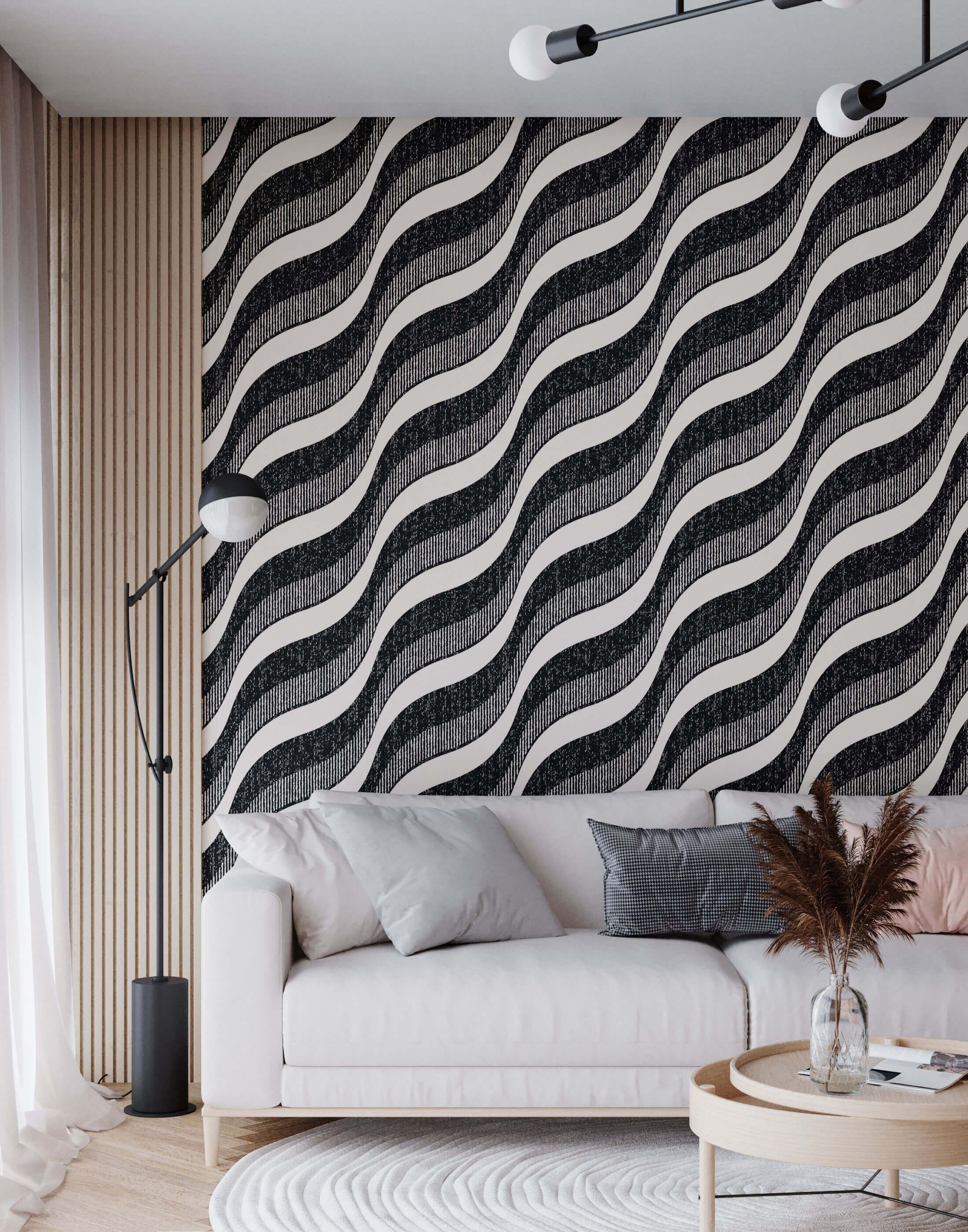 Black and white wavy patterned textured striped wallpaper called flow perfect for stylish interior walls
