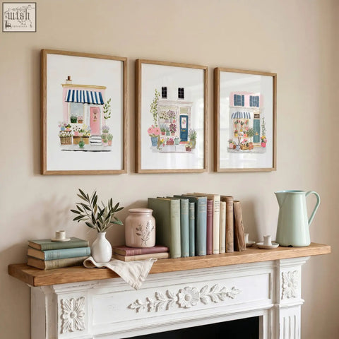 Three light wood framed flower art wall prints featuring charming pink blue and white flower shop facades with striped awnings