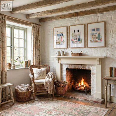 White fireplace mantel with decorative shelf and rustic wooden beams featuring a pink blue and white flower art wall set