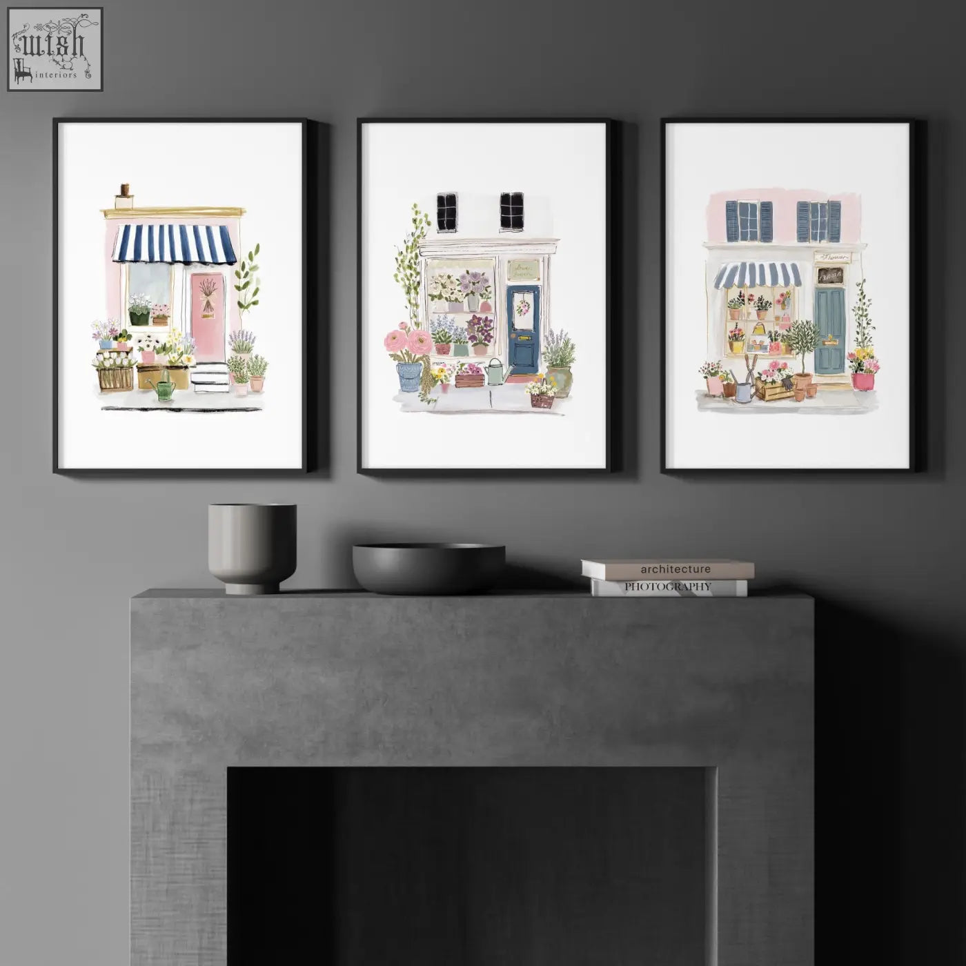 Three framed watercolor flower art wall prints featuring charming flower shop facades in pink blue and white