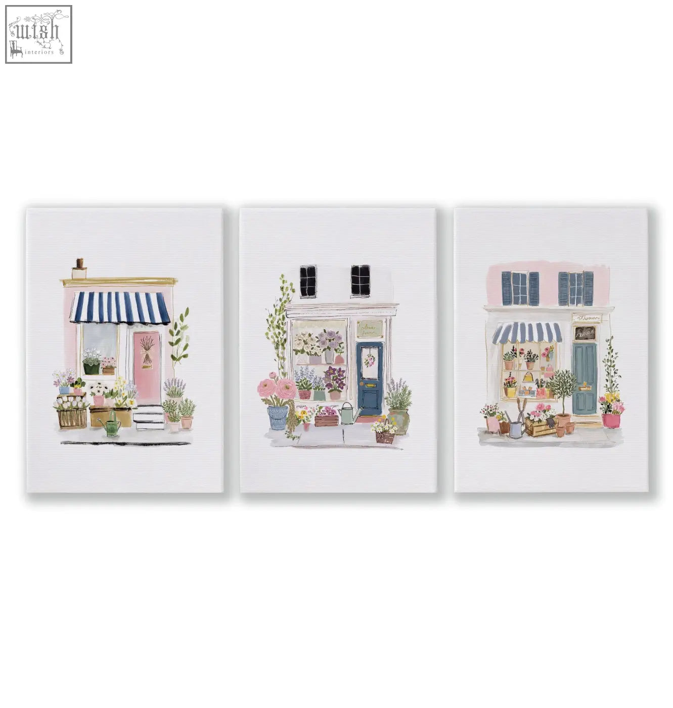 Set of three flower art wall prints featuring charming pastel flower shop facades with vibrant floral displays