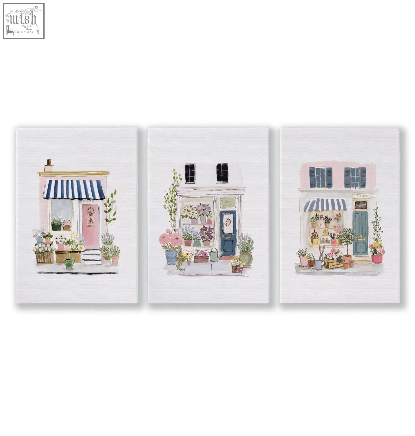 Set of three flower art prints featuring charming pastel flower shop facades with striped awnings and vibrant blooms