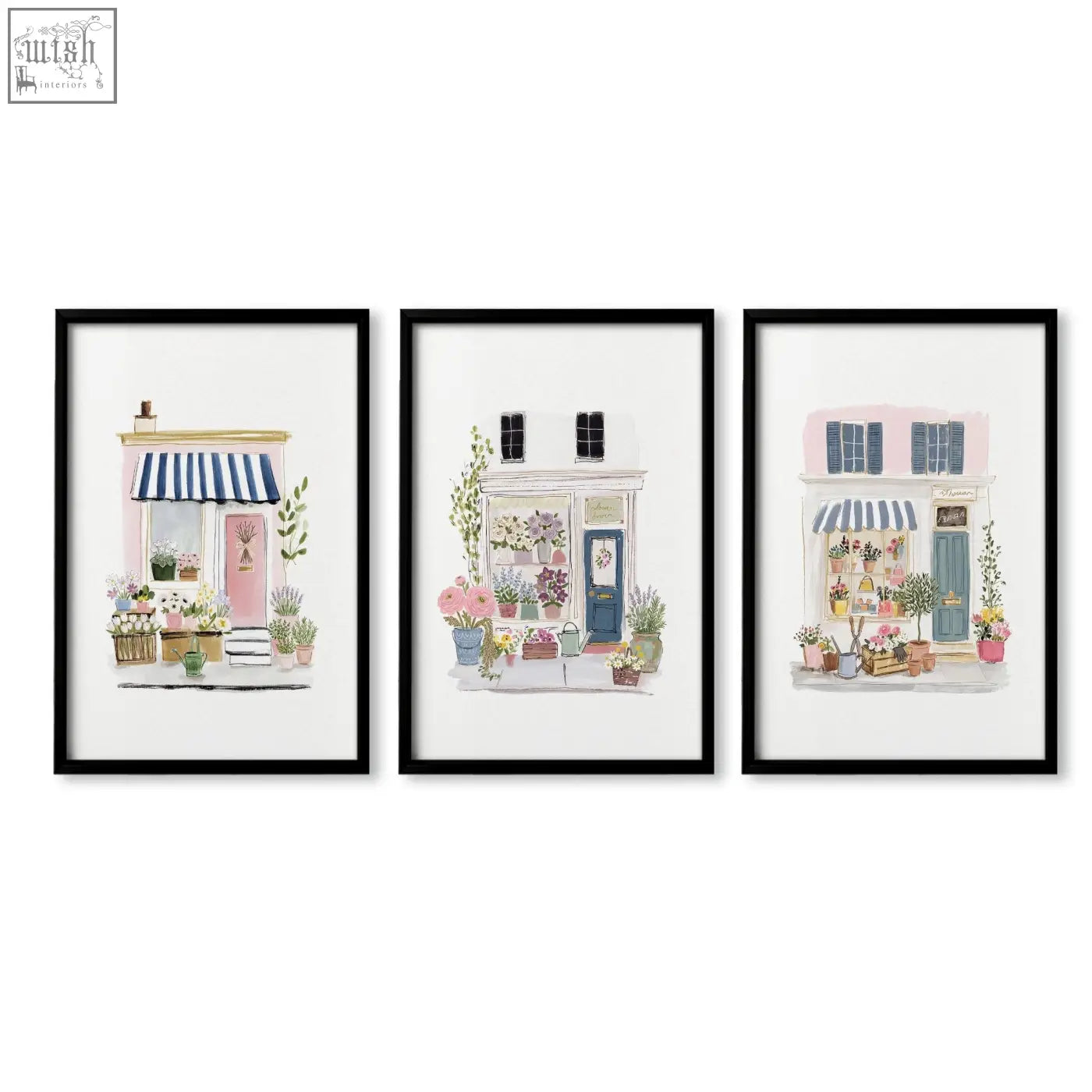 Set of 3 flower art prints featuring charming pastel flower shop facades with striped awnings and potted plants